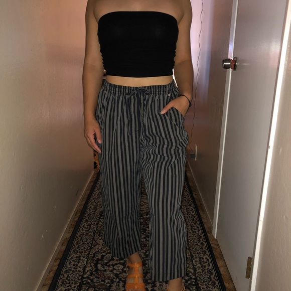 Striped Cropped Ankle Pants with Drawstring - Picture 1 of 2
